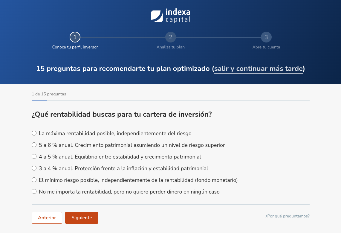Test inicial de Indexa Capital para seleccionar tu perfil de inversor